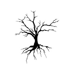 Creepy dead tree silhouette vector illustration. Autumn, winter season, nature death hand drawn monocolor symbol. Scary tree with bare crown monochrome drawing. Lonely wood, dry branches, root system