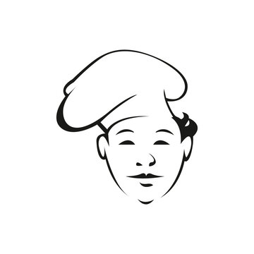 Young cook outline vector illustration. Professional chef with hat isolated character on white background. Restaurant worker, cook assistant contour drawing. Restaurant, cafe logo design idea