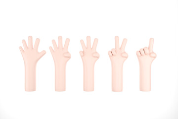Set of number 1 2 3 4 5 with hand sign on white background, 3d illustration