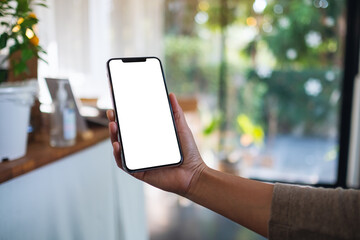 Mockup image of a woman holding mobile phone with blank white desktop screen