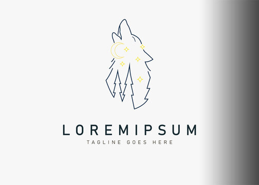 Wolf howl logo design. Vector illustration of abstract wolf howl with pines and sky view. Vintage logo design vector line icon template