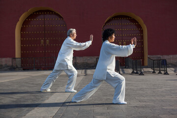 Two old people playing Tai Chi in the park