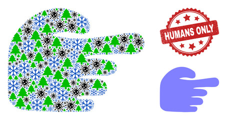 Winter pandemic mosaic index finger, and scratched Humans Only red rosette stamp seal. Mosaic index finger is designed from coronavirus, fir tree, and snowflake icons.