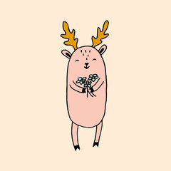 Naklejka premium Deer with a bouquet of flowers in its paws. Colorful vector hand-drawn doodle illustration.