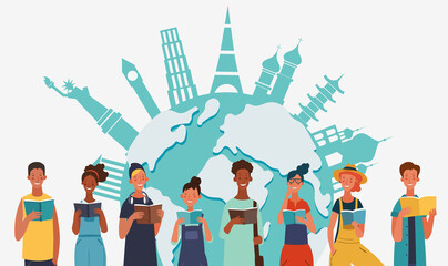 Young people reading books. Back to school, Study, Learning, Knowledge and Education vector concept. World map background