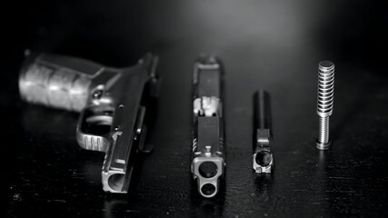 a field stripped pistol with upper and lower components on display.