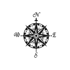 Compass vintage monochrome symbol with world sides isolated wind of rose. Vector nautical navigation map