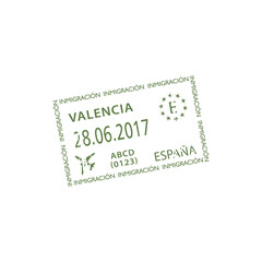 Immigration visa, Valencia airport stamp isolated. Vector travel to Spain, official seal