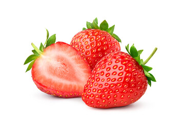 Group of Juicy Strawberry with half sliced isolated on white background.