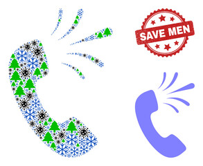Winter Covid collage phone signal, and grunge Save Men red rosette stamp print. Collage phone signal is designed with virus, forest, and snow flake icons. Red Save Men stamp uses rosette form.
