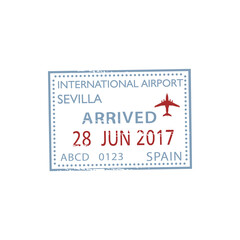 Arrived to international airport Sevilla isolated stamp. Vector travel to Spain, date and plane