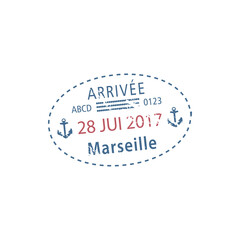 Marseille airport arrival visa stamp isolated. Vector travel to France, date of arrival