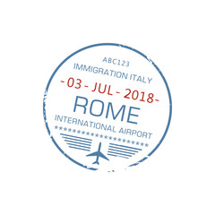 Italy immigration stamp of arrival to Rome international airport isolated. Vector Europe destination sign, border control document with plane and date on round ink stamp. Multinational visa icon