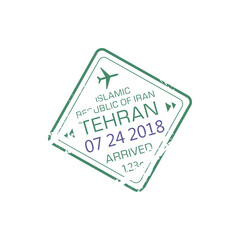 Tehran arrival visa stamp to Islamic republic of Iran isolated grunge seal. Vector international airport immigration sign, passport and border control element with insignia of date and airplanes
