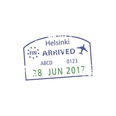 Helsinki airport arrival sign on isolated visa stamp. Vector Finland border passport control grunge pass