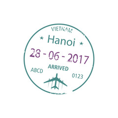 Arrived to Hanoi visa stamp in passport isolated. Vector Vietnam border control document