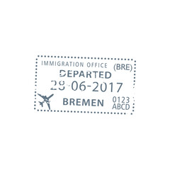 Bremen BRE airport visa stamp isolated seal. Vector departed sign, immigration office icon