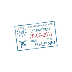 Departed from Helsinki isolated visa stamp. Vector Finland immigration office seal template with date and plane