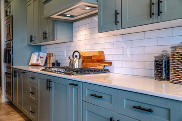 Cooking area of home with cabinets and exhaust hood over cooktop and countertop - obrazy, fototapety, plakaty