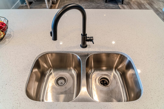 Top View Of Double Bowl Stainless Steel Undermount Sink Of A Kitchen Island