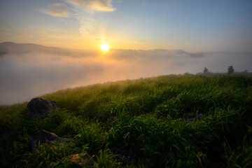 朝日　朝の雲海がたちこめる草原