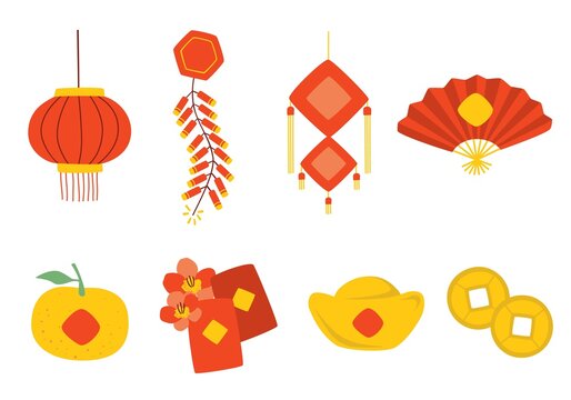 Collection Of Asian And Chinese New Year Design Elements. Celebration And Festival Concept. Vector Illustration Flat Design.