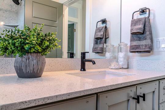 Close Up Of Bathroom Vanity With Artificial Plant Beside Sink And Black Faucet