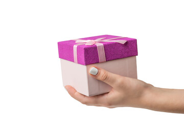 Women's hand with stylish gift box isolated on white background.