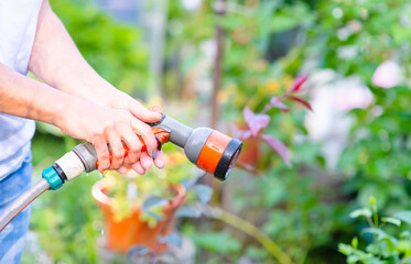 Gardener's hand holding a gun for watering plants and watering beds in the garden