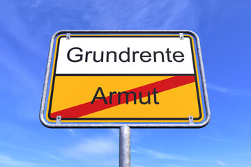 3d Illustration - Ortsschild - Ortstafel - Grundrente - Armut - Himmel - Wolken