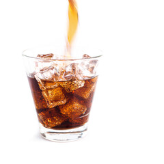 Close-up Cola in glass with ice on white background. - 402783944