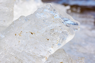 Unusual shapes and textures of ice crystals close-up shallow dof with copy space.