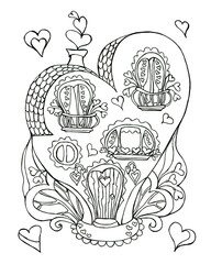 Illustration with hand drawn decorative stylized home heart. Coloring.