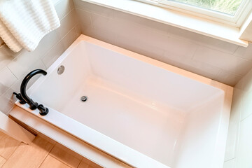 Built in rectangular bathtub with black gooseneck faucet inside home bathroom