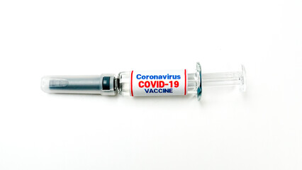 Prefilled vaccine syringe for prevention,immunization from corona virus infection (coronavirus disease). Medicine infectious concept.