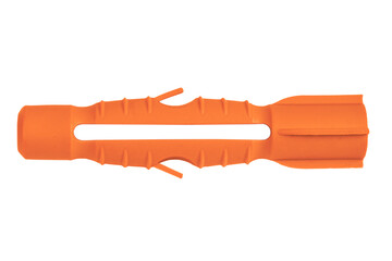 Macro shot orange plastic dowel isolated on white background. Dowels. Wall plugs isolated on a white background. Brown screw anchor or dowel