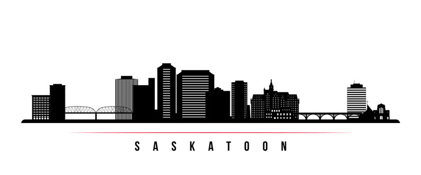 Saskatoon skyline horizontal banner. Black and white silhouette of Saskatoon, Canada. Vector template for your design.