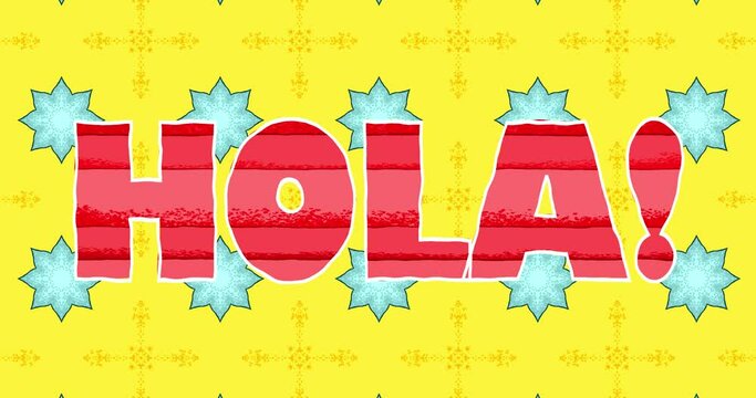 Headline HELLO in Spanish, kid-style with simple animation on a pastel background. Frivolous, cartoonish text for the splash screen.