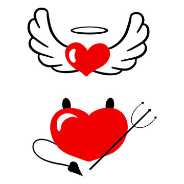 Set of two vector red and black hearts isolated on white. Angel with wings and halo and devil with horns, tail and trident. Clip art illustration for print, sticker, decoration for Valentines day 
