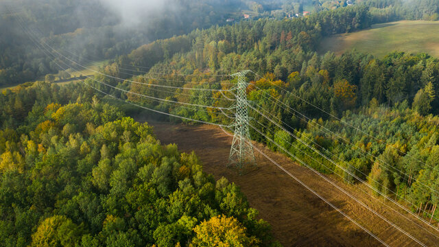 Aerial view of the high voltage power lines and high voltage electric transmission on the terrain surrounded by trees at sunlight