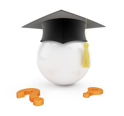 Graduation hat question mark on a white background 3D illustration, 3D rendering