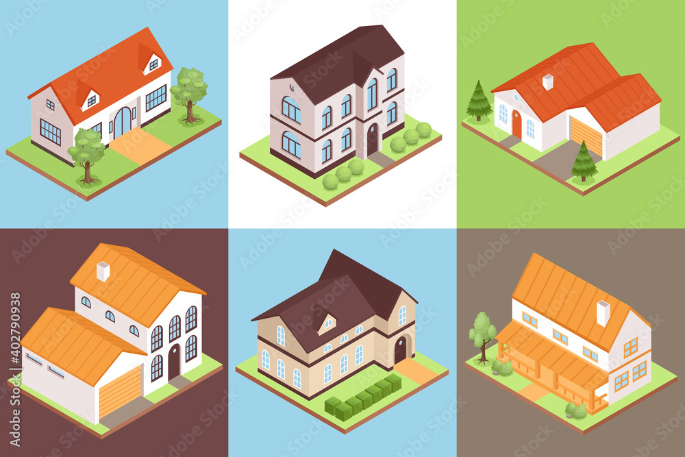 Canvas Prints isometric private house design concept set