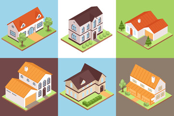 Isometric Private House Design Concept Set