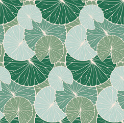asian style waterlilies leaves seamless pattern in blue green shades - 402791156