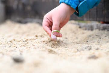 a kids hand planting a sprouted seed of garlic in a garden bed with sand in spring