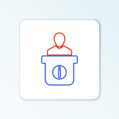 Line Information desk icon isolated on white background. Man silhouette standing at information desk. Help person. Information counter. Colorful outline concept. Vector.