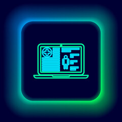 Glowing neon line Medical clinical record on laptop icon isolated on black background. Health insurance form. Medical check marks report. Colorful outline concept. Vector.