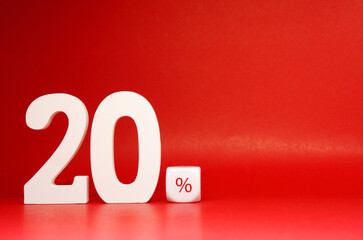 Twenty ( 20 ) Percentage Isolated on Red Background with Copy Space , White object word - Sale , Discount 20% off Safe Price Business finance promotion Concept - Creative mockup