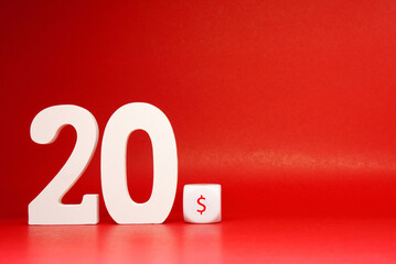 Twenty dollar ( 20$ )  Isolated on Red Background with Copy Space , White object word - Sale ,...