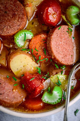 Sausages and vegetables soup.top view.style vintage.